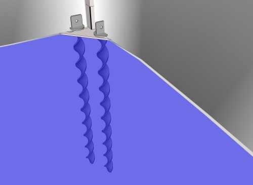 Ancrage au sol double spirale fixé à l'intérieur d’une tente d’exposition.